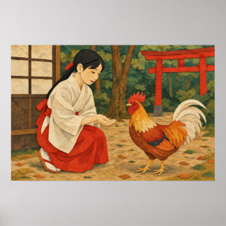 Póster al estilo Chigiri-e de Miko japonesa y gall
