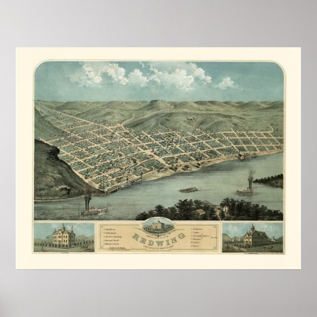 Póster Ala Roja, MN Mapa Panorámico - 1868 (Frente)