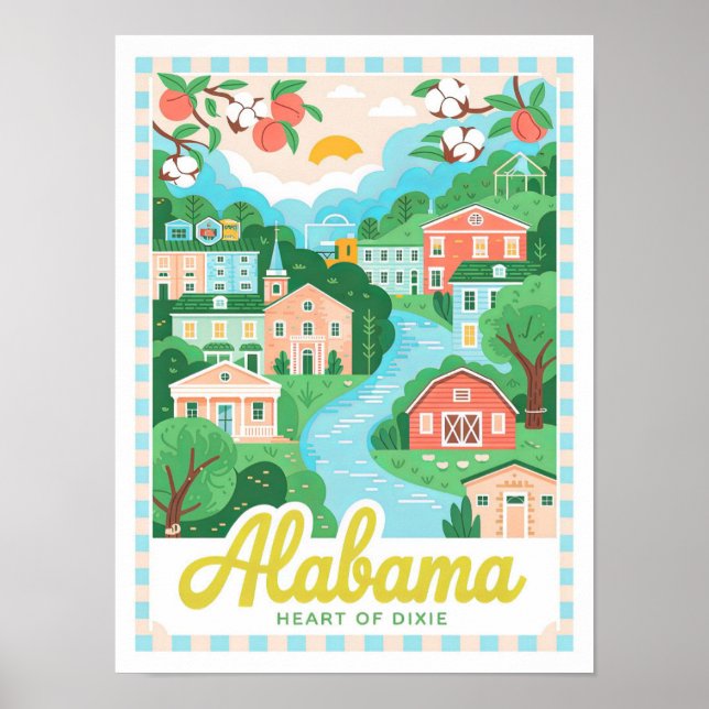 Póster Alabama Corazón de Dixie USA Viaje de verano (Frente)