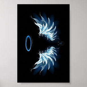 Póster Alas de ángel azules brillantes sobre fondo negro