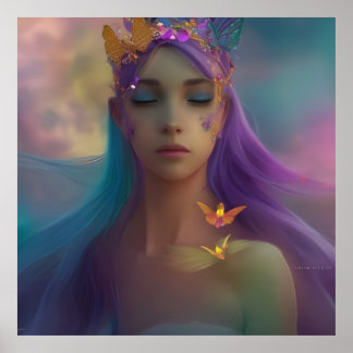 Póster alas de mariposa de fantasía Chica morado rosa azu