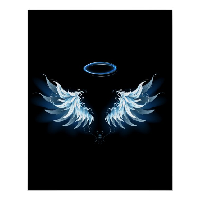 Póster Alas del Ángel Azul brillante sobre fondo negro (Anverso)