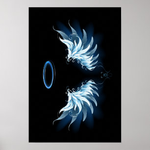 Póster Alas del Ángel Azul brillante sobre fondo negro