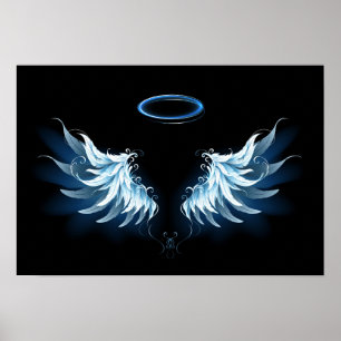 Póster Alas del Ángel Azul brillante sobre fondo negro