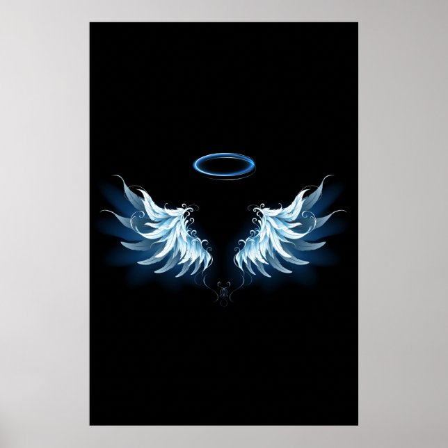 Póster Alas del Ángel Azul brillante sobre fondo negro (Frente)