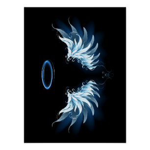Póster Alas del Ángel Azul brillante sobre fondo negro