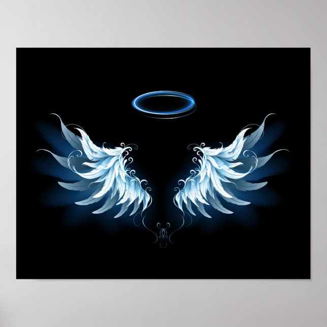 Póster Alas del Ángel Azul brillante sobre fondo negro (Frente)