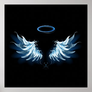 Póster Alas del Ángel Azul brillante sobre fondo negro