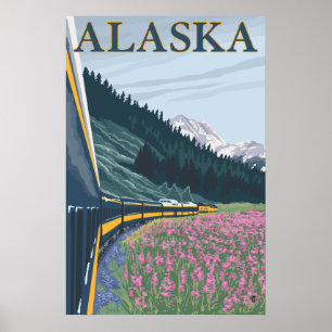 Póster Alaska - Ferrocarril de Alaska y hierba de fuego