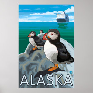 Póster Alaska - frailecillos que miran un barco de