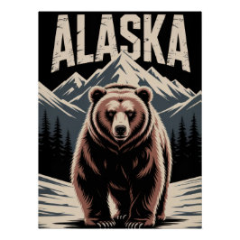Póster Alaska Grizzly Bear & Snowy Mountains - Rustic