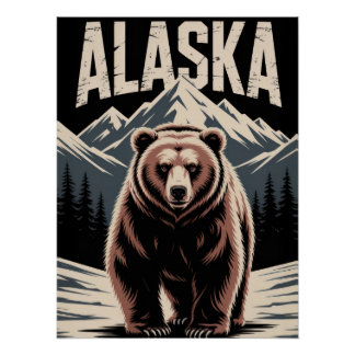 Póster Alaska Grizzly Bear & Snowy Mountains - Rustic