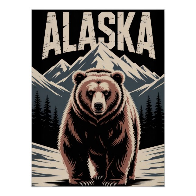 Póster Alaska Grizzly Bear & Snowy Mountains - Rustic (Anverso)