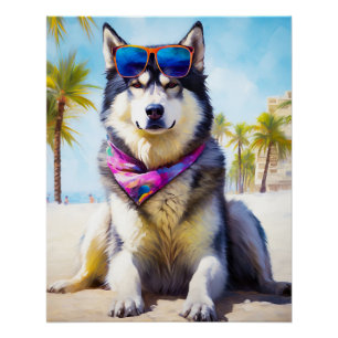 Póster Alaska Malamute en la playa, regalo de verano
