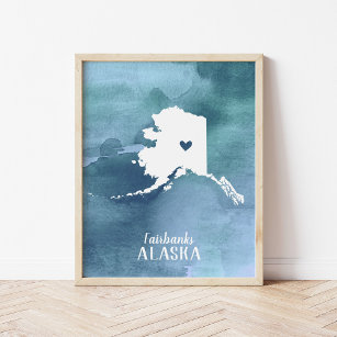 Póster Alaska Map Blue Watercolor Personalized Art
