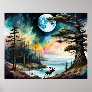 Póster Alaska Moose en las aguas del borde de Woodland