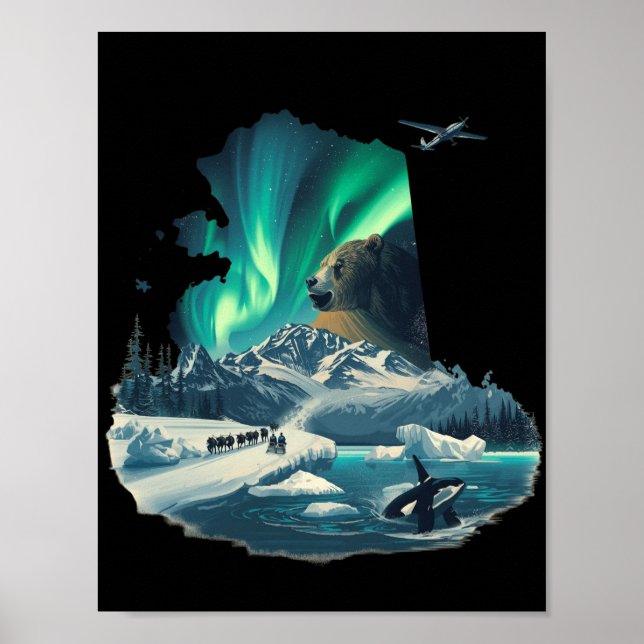 Póster Alaska Northern Lights Grizzly Bear & Orca (Frente)