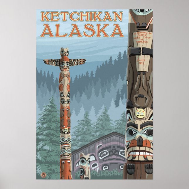 Póster Alaska Totem Poles - Ketchikan, Alaska (Frente)
