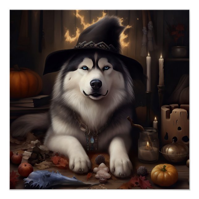 Póster Alaskan Malamute calza calabazas de Halloween (Anverso)