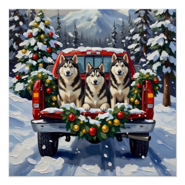Póster Alaskan Malamute Christmas Red Truck Holiday (Anverso)