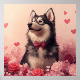 Póster Alaskan Malamute con Rosas - Día de San Valentín
