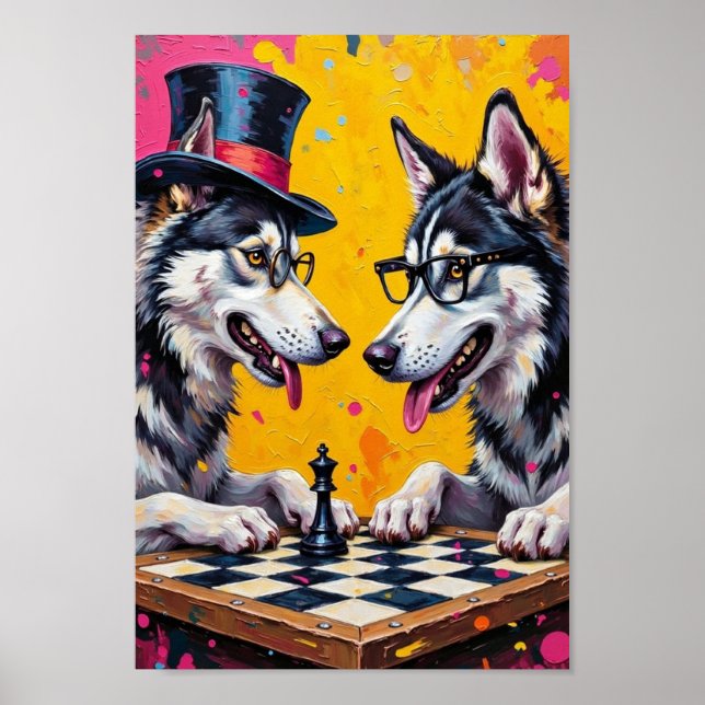 Póster Alaskan Malamute Playing Chess Pop Art (Frente)