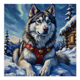 Póster Alaskan Malamute Polo Norte Invierno Navidad