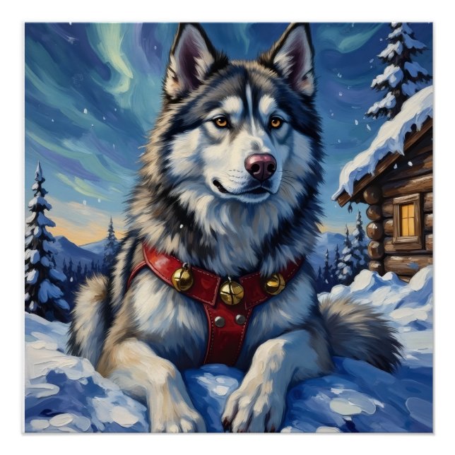 Póster Alaskan Malamute Polo Norte Invierno Navidad (Anverso)