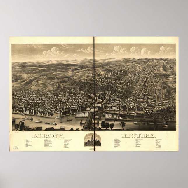 Póster Albany New York 1879 Mapa Panorámico Antiguo (Frente)
