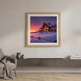 Póster Albergue Alpino Atardecer Acogedor Invierno