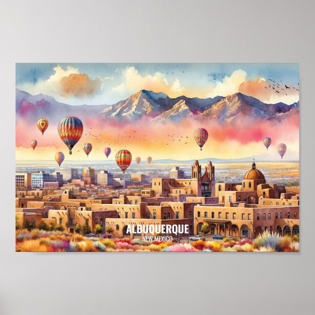 Póster Albuquerque Nuevo México Lugares de Viaje acuarela (Frente)