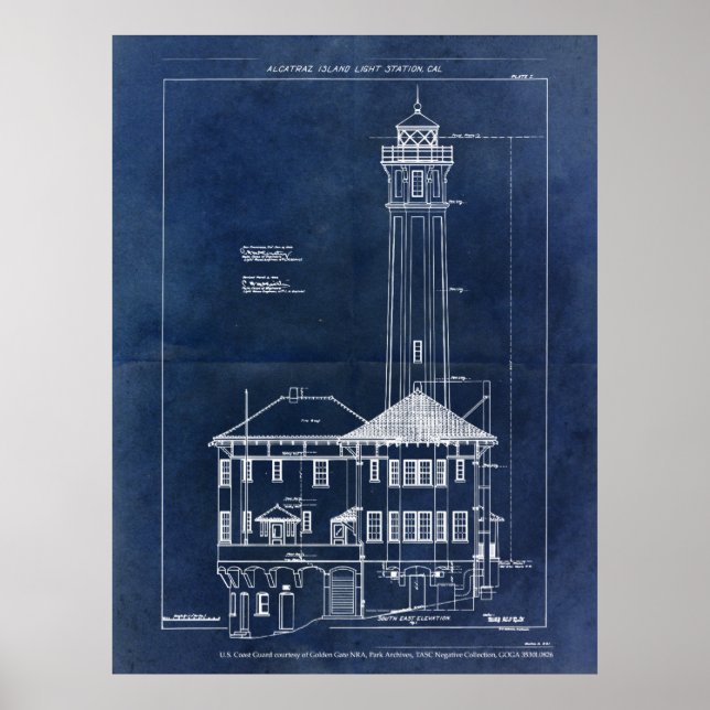 Póster Alcatraz Island Lighthouse Blueprint Vintage (Frente)