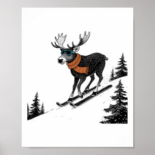 Póster Alce esquiando – Divertida montaña de invierno, Fu