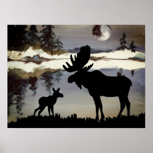 Póster Alce nocturno en acuarela y bosque de bebé