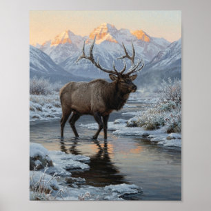 Póster Alce Toro Vadeando Río Nevado Amanecer Montaña Ref