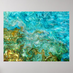 Póster Alcohol Ink Digital Painting Water Waves Beach