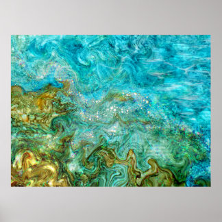 Póster Alcohol Ink Digital Painting Water Waves Beach