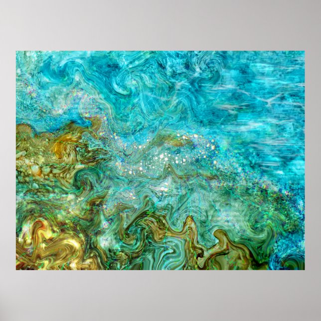Póster Alcohol Ink Digital Painting Water Waves Beach (Frente)