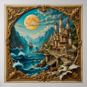 Póster Aldea de Fantasía de Luna Llena Dorada en la Costa