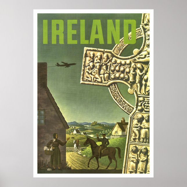 Póster Aldea de Irlanda, cruz celta, viaje vintage (Frente)