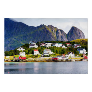 Póster Aldea de Lofoten Noruega Reine bajo el cielo azul 