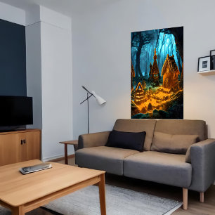 Póster Aldea de pan de jengibre en el bosque oscuro   Art