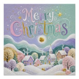 Póster Aldea Invernal de Pastel de Navidad Casas de Nieve