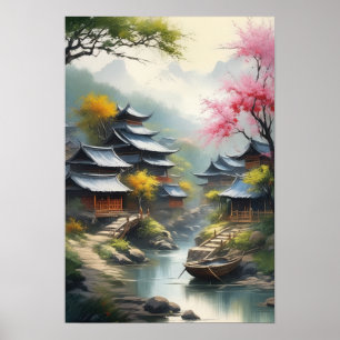 Póster Aldea japonesa en el valle del Misty