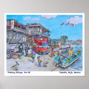Póster Aldea pesquera en Popotla, Baja, México