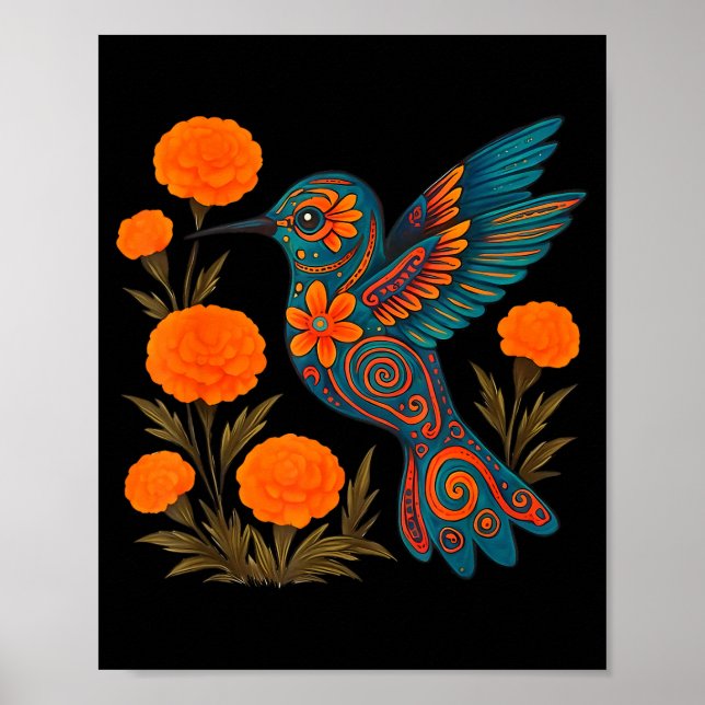 Póster Alebrije Hummingbird Flower Mexican Folk Art Bird  (Frente)