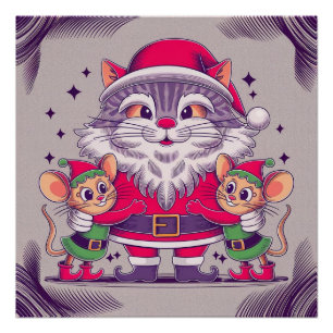 Póster Alegre gato Santa Elf Navidades caprichosos