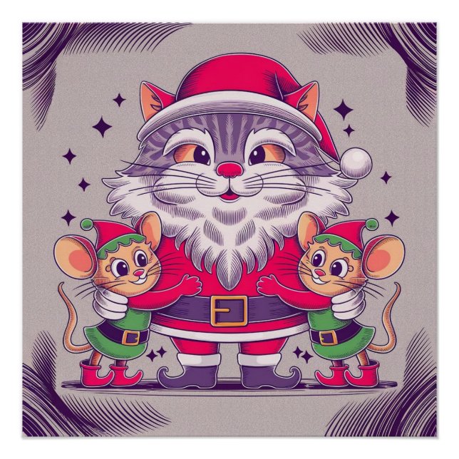 Póster Alegre gato Santa Elf Navidades caprichosos (Anverso)
