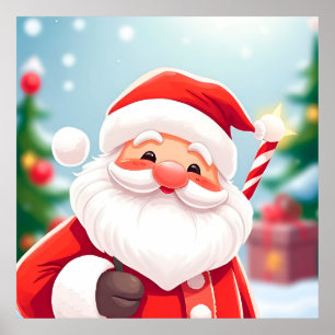 Póster Alegre Papá Noel sosteniendo un bastón de caramelo