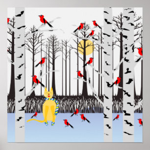 Póster Alegría de invierno - Gato con cardenales de Birch